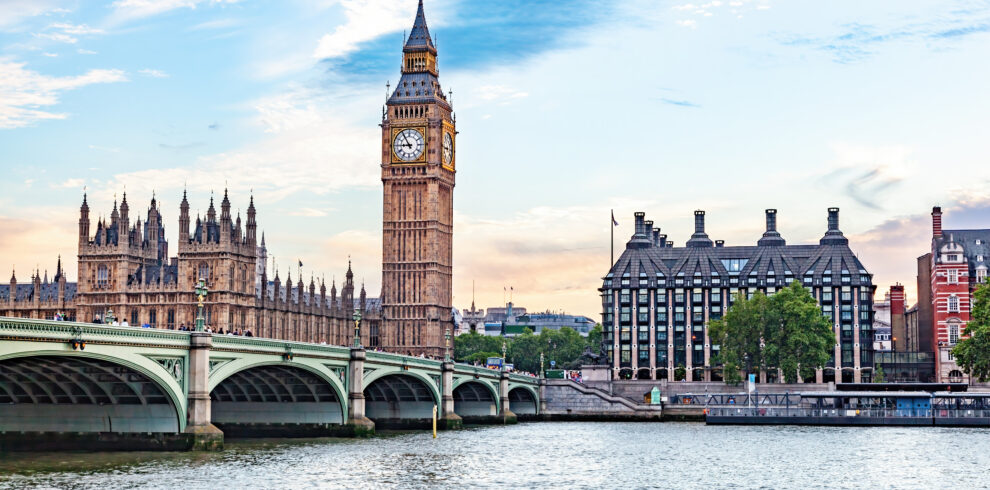 Big Ben, Westminster Bridge on River Thames in London, England, UK