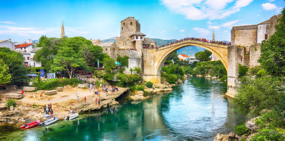 Fantastic Skyline of Mostar with the Mostar Bridge, houses and m
