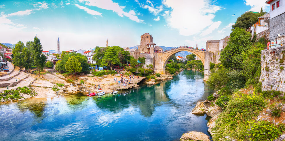 Fantastic Skyline of Mostar with the Mostar Bridge, houses and m