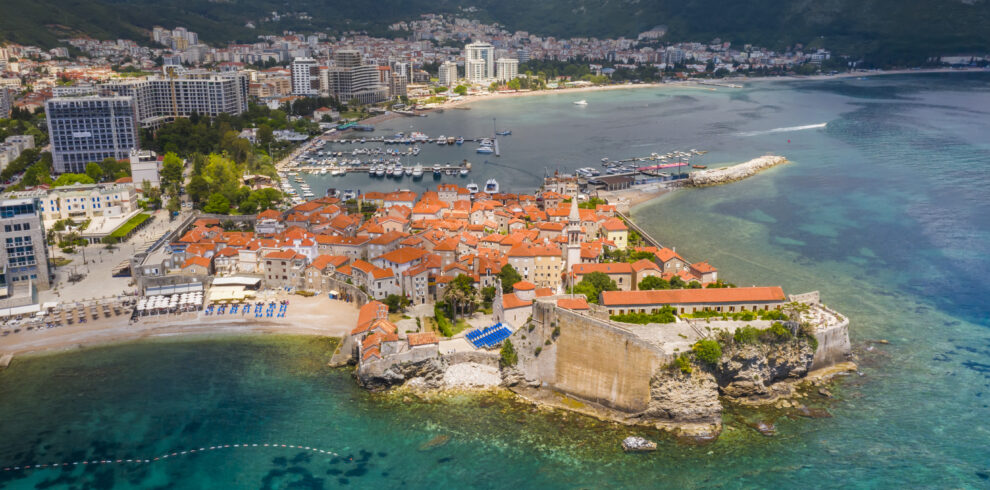 Old town in Budva in a beautiful summer day, Montenegro. Aerial image. Top view.