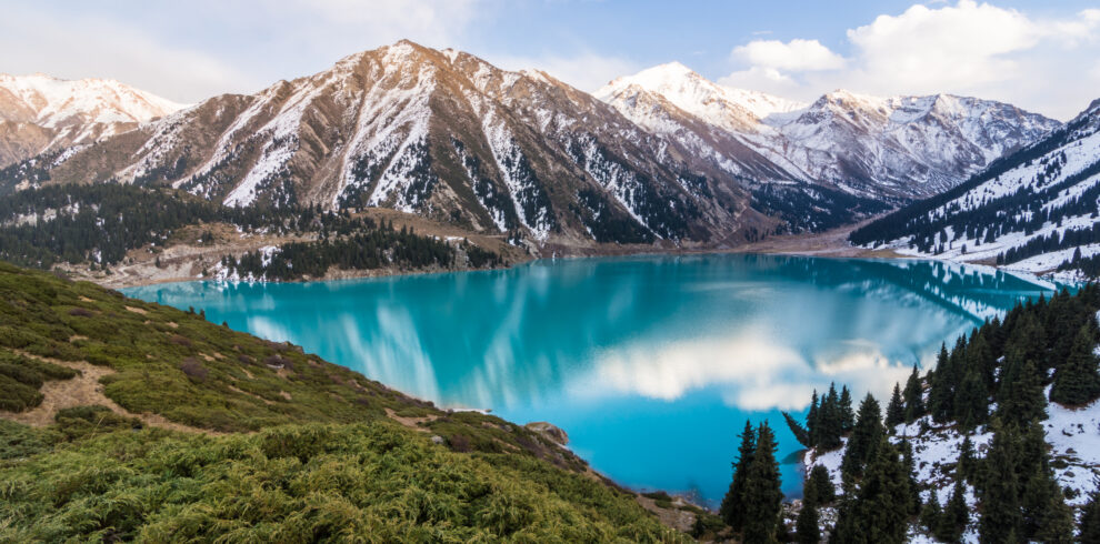 Scenic view of the Big Almaty Lake with Tianshan Mountains in Kazakhstan near the city of Almaty
