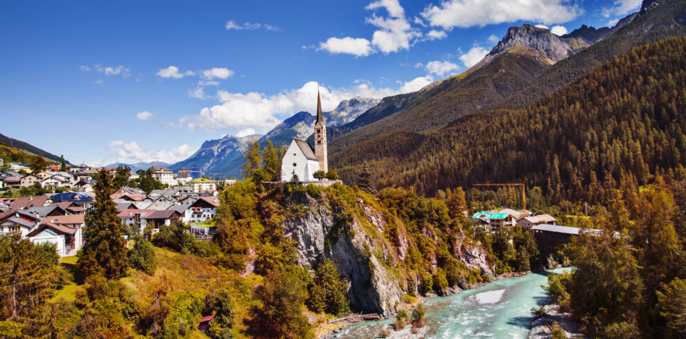 Scuol town and river valley, Engadin, Switzerland